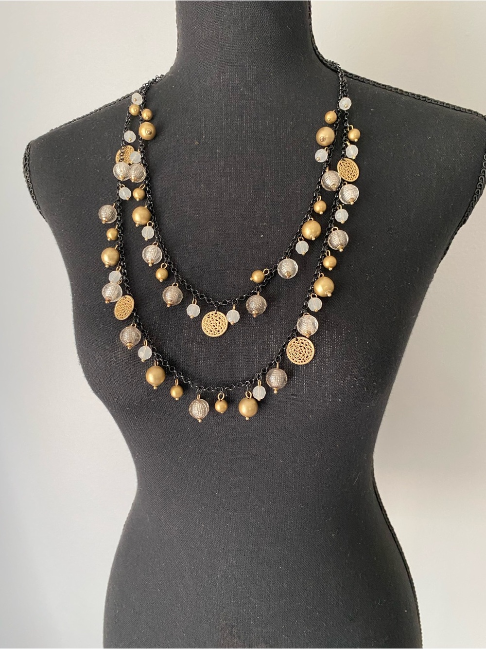 New York & Company Gold and Silver Multi-Layer Bead Necklace